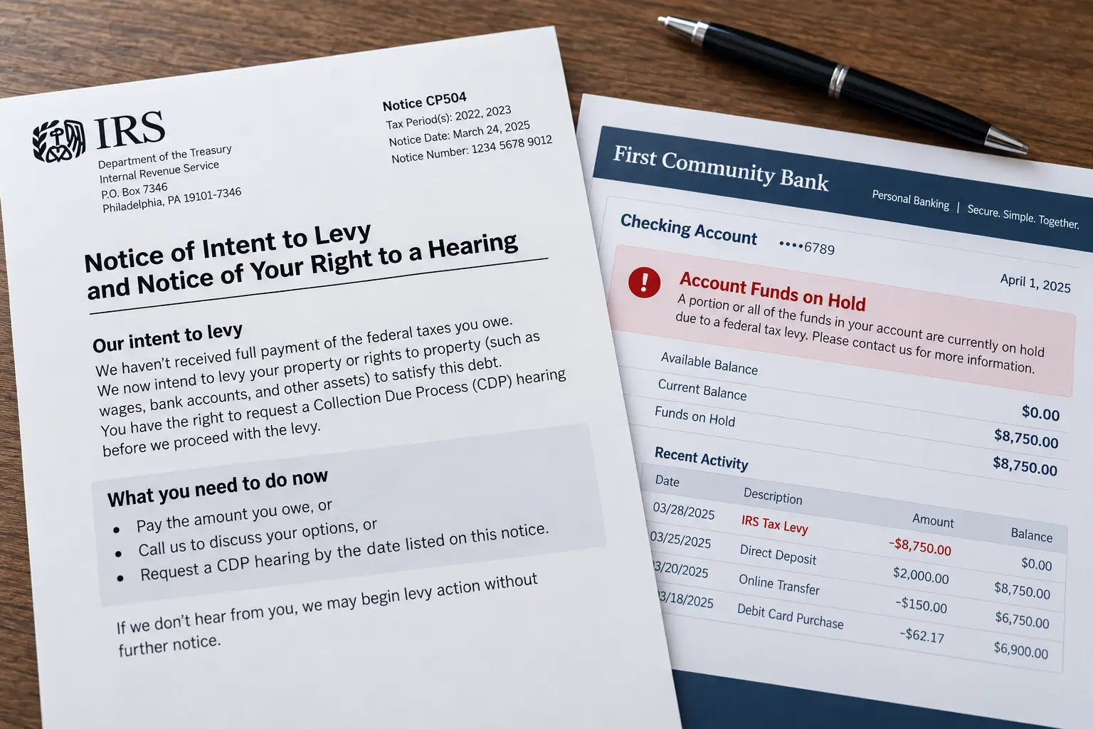 IRS tax levy notice with bank account funds on hold