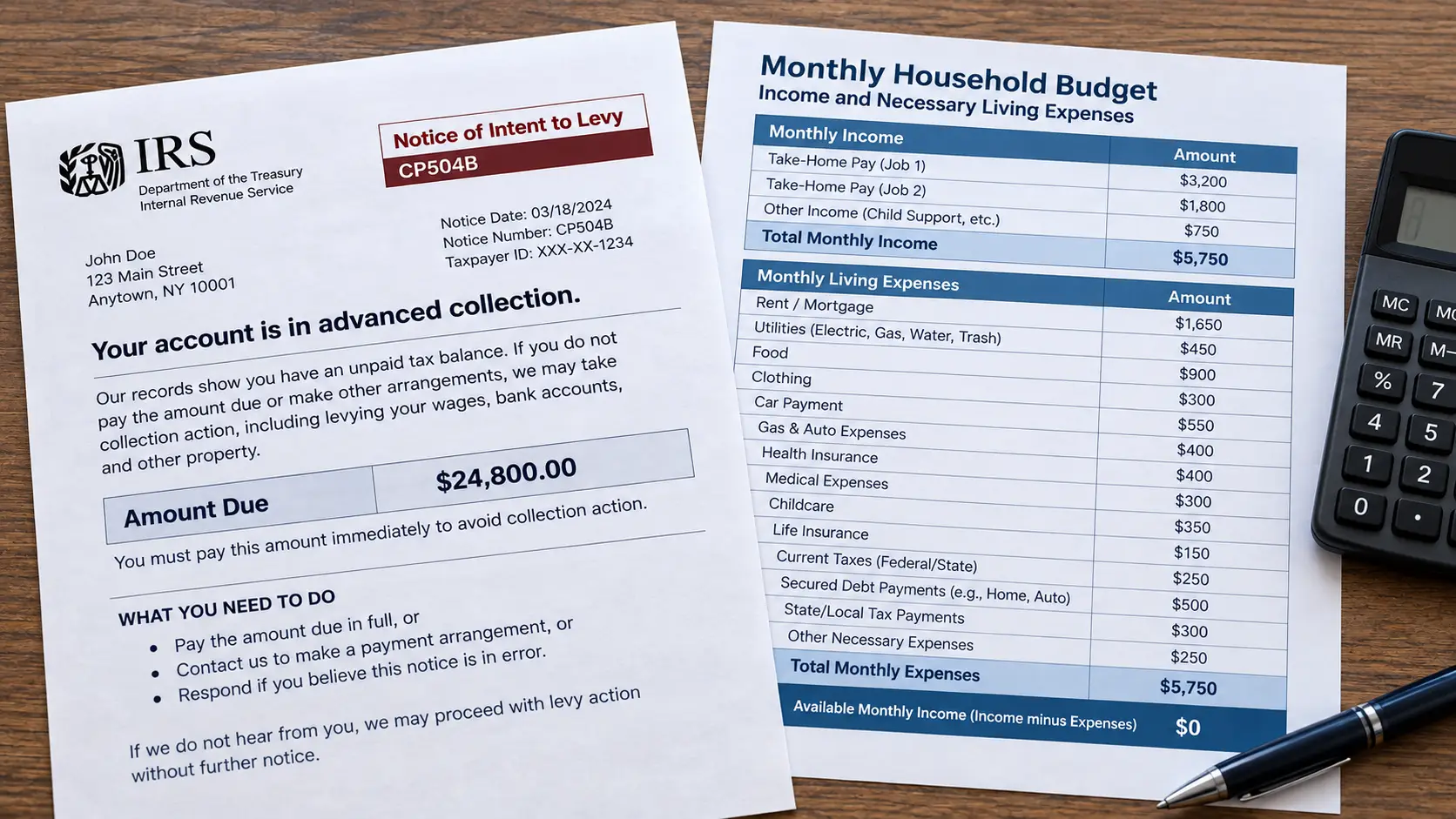 IRS Currently Not Collectible financial hardship analysis showing income equal to necessary living expenses