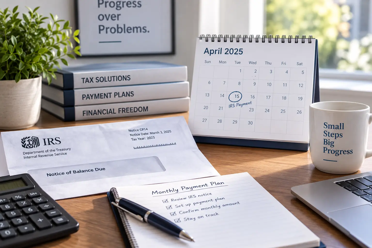 IRS payment plan documents with monthly payment calendar and calculator