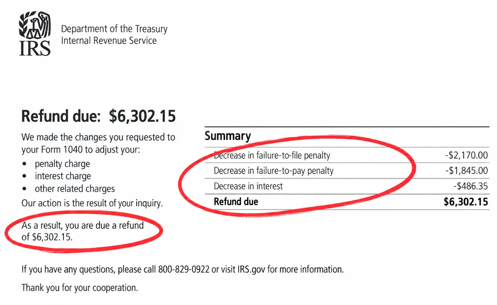 IRS tax penalty abatement notice showing reduced penalties and refund due