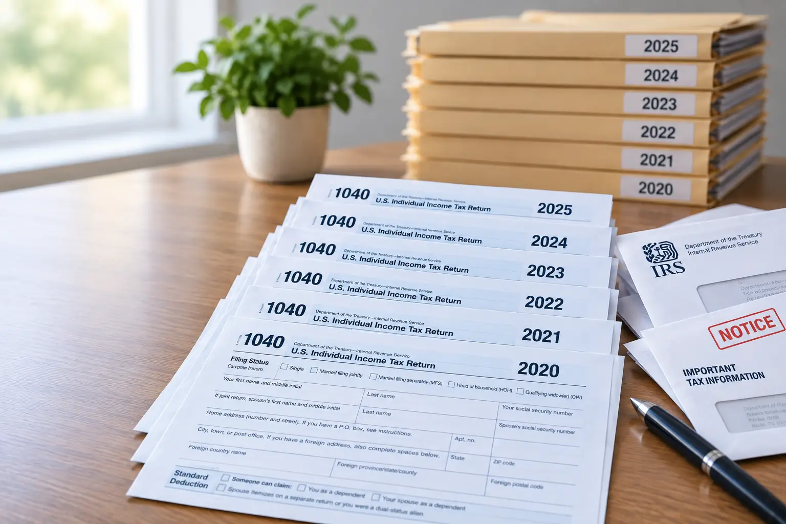 Unfiled tax returns for tax years 2020 through 2025 with IRS notices and filing folders